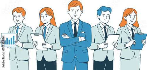 Diverse business team confidently presenting growth charts and reports in a professional setting