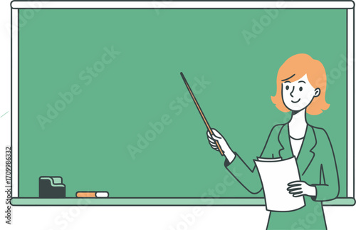 Engaging teacher presenting lesson with pointer and papers in front of a green chalkboard