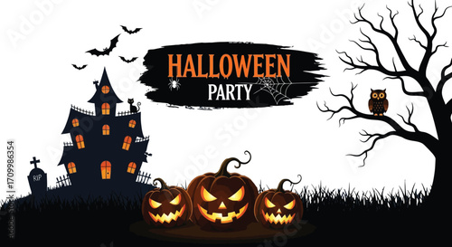 Spooky Halloween party invitation with glowing jack-o'-lanterns and haunted house.