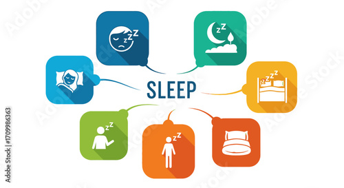Visual Representation of Sleep Concepts An Engaging Infographic with Multiple Icons Illustrating Different Aspects of Rest, Health, and Well-being for a Balanced Lifestyle