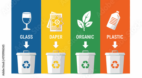 A clear guide to waste segregation showing four color-coded bins for sorting different types of recyclable materials