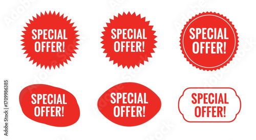 A collection of red 'Special Offer' vector labels and sticker badges in various shapes for sales, discounts, and promotional advertising