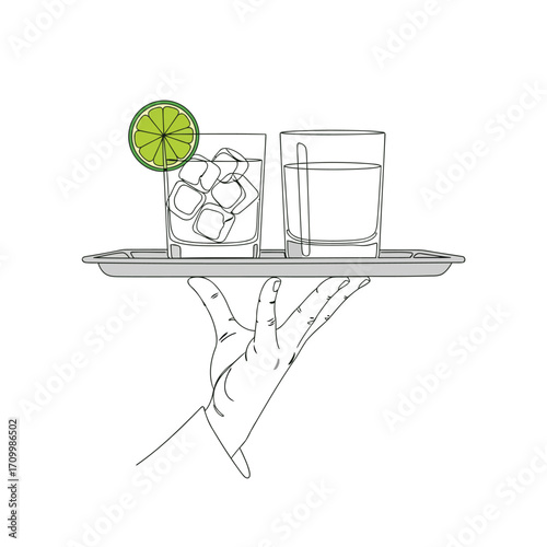 Vector art of hand elegantly serving two cocktail glasses on a tray, one with ice and lime, , offering a refreshing beverage