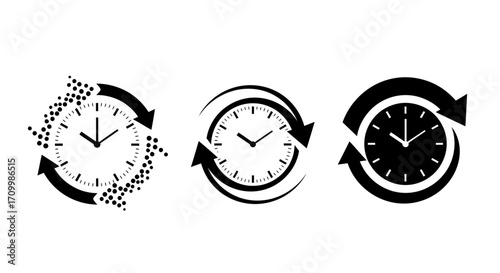 Vector icon set of clocks with circulating arrows symbolizing time management, 24/7 service, and the passage of time