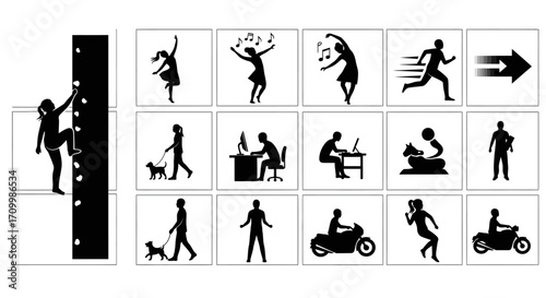 Collection of black silhouette icons depicting various human activities and lifestyle concepts for web and print design