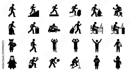 A collection of silhouette icons depicting various human activities and professions