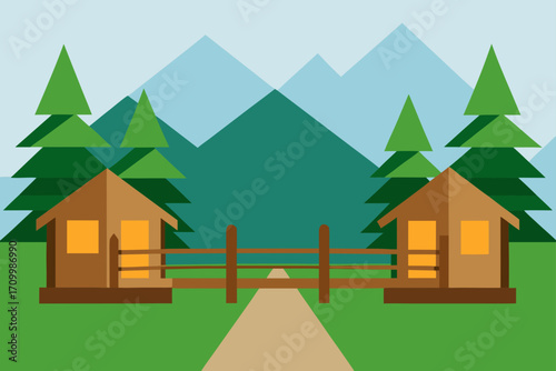 Two cozy cabins nestled in a mountain landscape with pine trees and a wooden fence