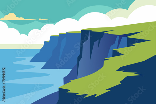 Stylized illustration of dramatic blue cliffs meeting the ocean under a cloudy sky
