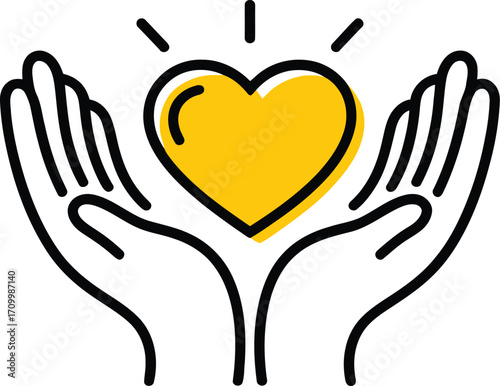Caring hands gently holding a glowing yellow heart, symbolizing love, support, and well-being