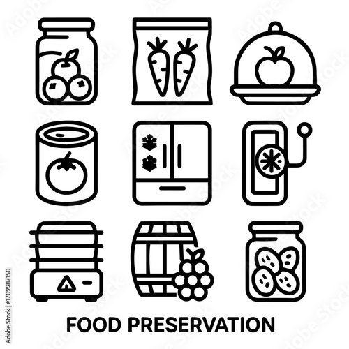 Simple Line Art Icons Depicting Various Food Preservation Methods.
