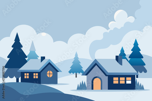 Cozy winter village scene with snow covered houses and trees