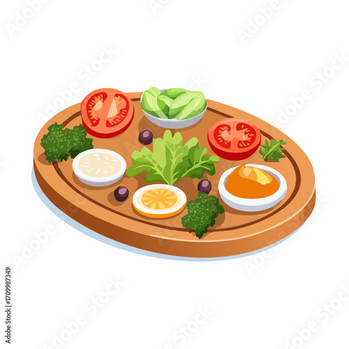 Fresh salad ingredients artfully arranged on wooden platter, vibrant and healthy