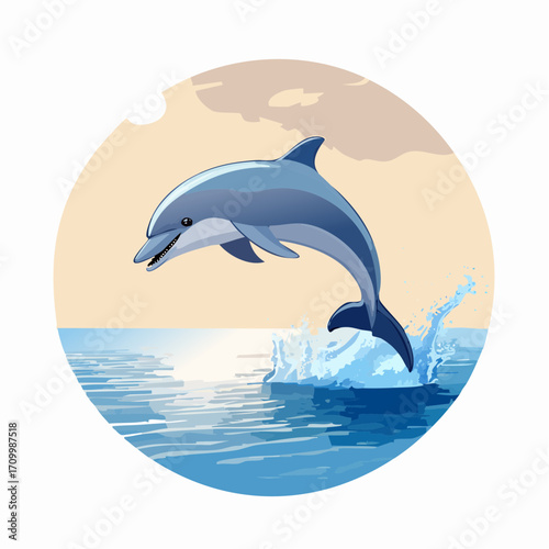 3D Delfin, springend über Wasseroberfläche, Meereskulisse, Sonnenlicht, fotorealistisch