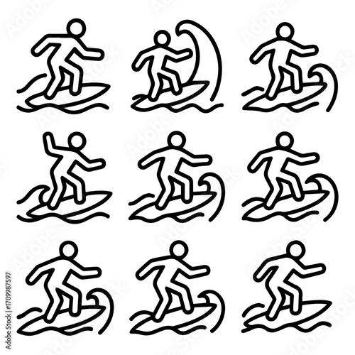 Surfing Silhouettes Depicting Action and Movement on Waves with Bold Black Outlines.