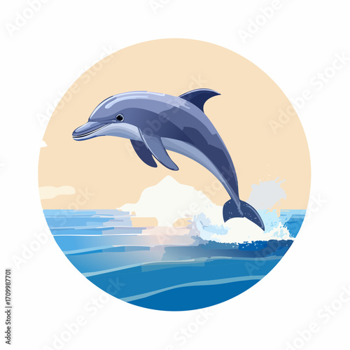 3D Delfin, springend über Wasseroberfläche, Meereskulisse, Sonnenlicht, fotorealistisch