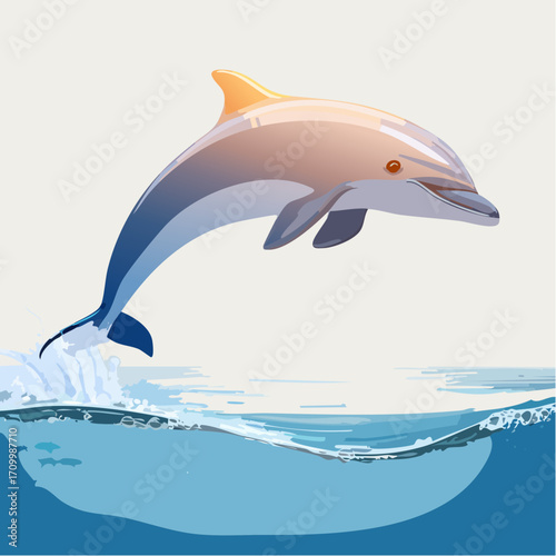 3D Delfin, springend über Wasseroberfläche, Meereskulisse, Sonnenlicht, fotorealistisch