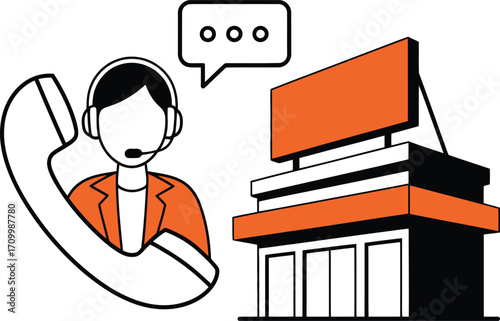 Customer service agent with headset and phone icon near modern business building, communication concept