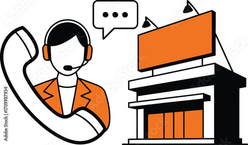 Customer service agent with headset offers support near business building and billboard