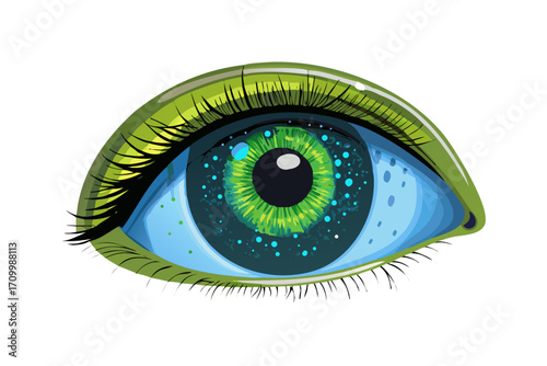 Closeup of a vibrant green and blue eye with a galaxylike iris