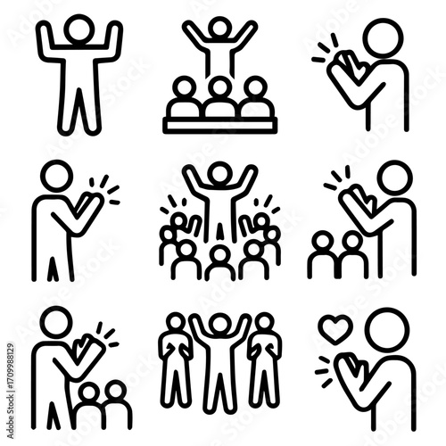 Symbolic Illustrations of Applause Celebration and Group Dynamics in Simple Line Art.