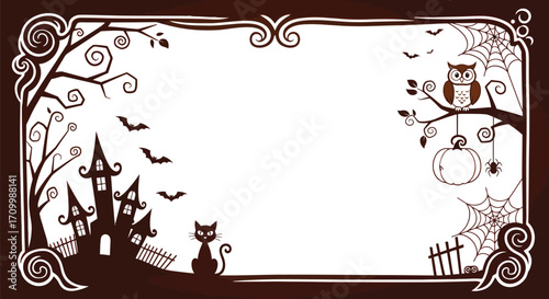 Whimsical Halloween border with spooky castle, bats, owl, and black cat