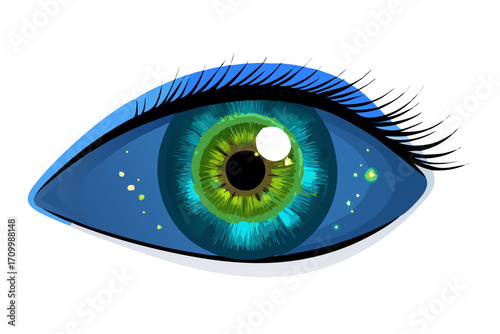 Detailed illustration of a blue and green eye with a cosmic iris
