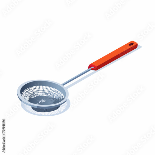 Modern kitchen skimmer tool with orange handle for straining and draining food preparation needs