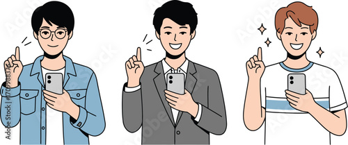 Diverse individuals confidently showcasing smartphone ideas and solutions with bright smiles and pointing gestures