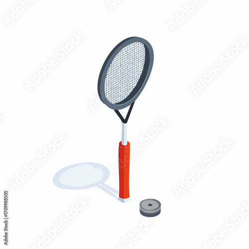 Dynamic tennis racket poised for action beside a focused puck, ready for a winning game
