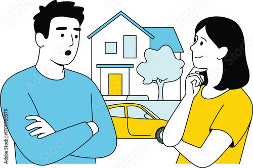 Couple discussing home and car purchase decisions, planning future investments