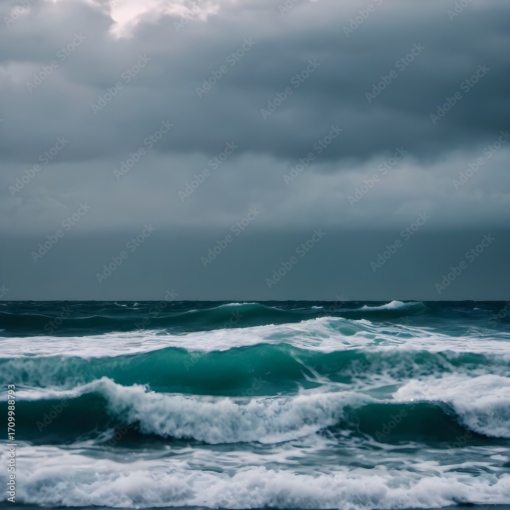 Fototapeta premium Stormy Ocean Waves Under a Dark, Dramatic Sky