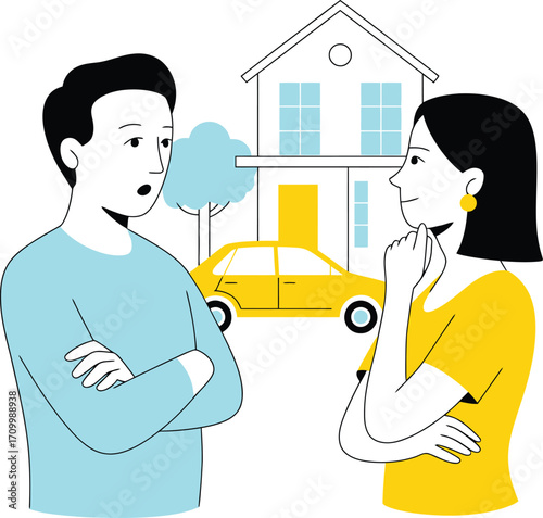 Couple discussing home and car ownership, planning future financial decisions together