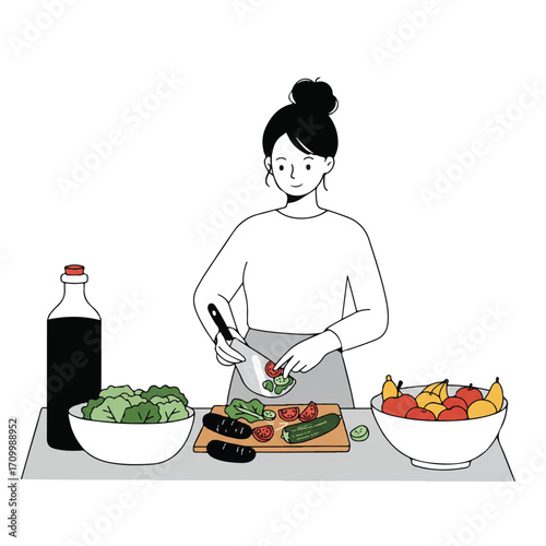 Woman preparing a vibrant fresh salad with colorful vegetables on a kitchen counter next to a fruit bowl, depicted in a clean 2D flat vector illustration on a pure white background.