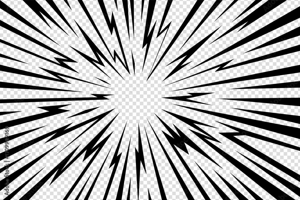 Manga thunder background presents anime comic line explosion in radial stroke style on transparent bg. Manga thunder vector template fits speed effect, abstract sunburst, or electric action frame.