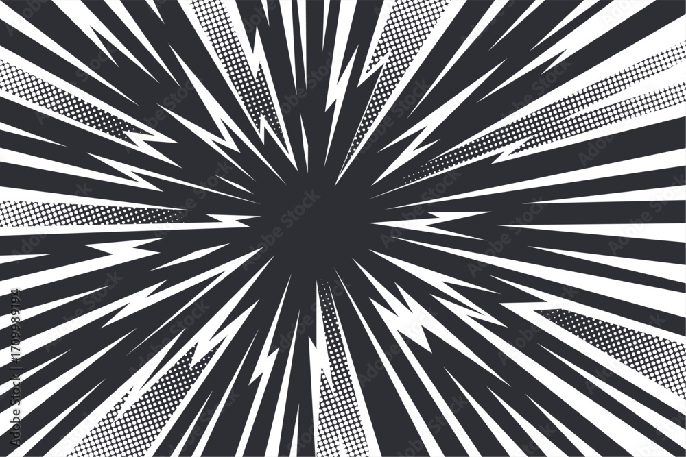 Fototapeta premium Manga thunder background shows anime comic line rays with radial texture in black and white. Manga thunder vector graphic works as lightning effect, action shock frame, or abstract burst design.