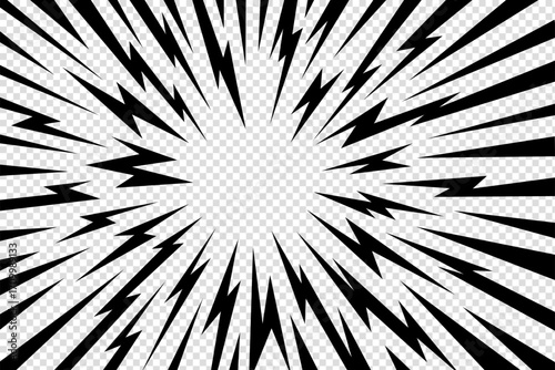 Manga thunder background shows anime comic line bolts with radial spread around empty center. Manga thunder bg vector template works for lightning effect, cartoon shock frame, or abstract burst art.