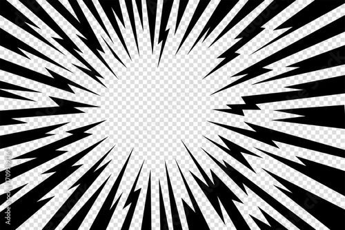 Manga thunder background creates anime comic line rays in radial flash with transparent center. Manga thunder bg vector design works for lightning effect, speed burst frame, or abstract energy art.