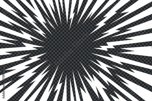 Manga thunder background shows anime comic line burst in radial flash with transparent center. Manga thunder bg vector template works as electric overlay, pop art frame, or abstract energy explosion.
