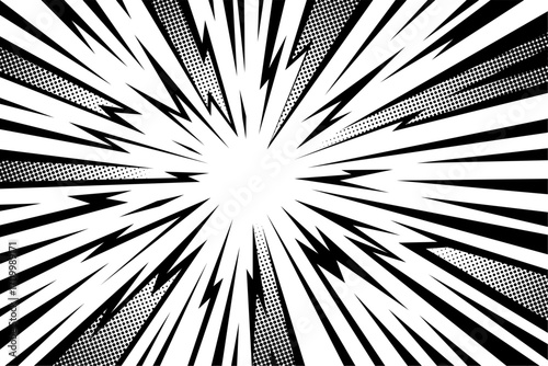 Manga thunder background mixes anime comic line rays with halftone texture in radial burst. Manga thunder bg vector suits lightning overlay, action shock frame, or abstract pop art element.