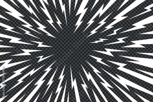 Manga thunder background forms anime comic line rays bursting in radial motion with empty space. Manga thunder bg vector art works for lightning effect, speed frame, or abstract pop burst design.