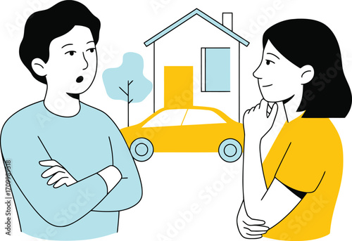 Couple discussing important life decisions like buying a house and car with thoughtful expressions