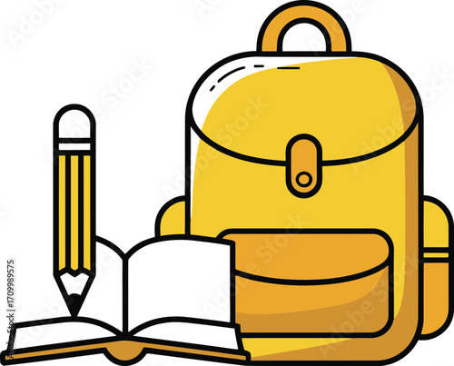 Back to school essentials, a yellow backpack, open book, and pencil ready for learning and adventure
