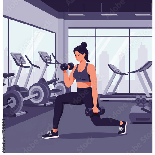 A fit woman in athletic wear performs a dumbbell lunge in a bright gym, depicted as a flat 2D vector illustration with stylized equipment on a clean white background.