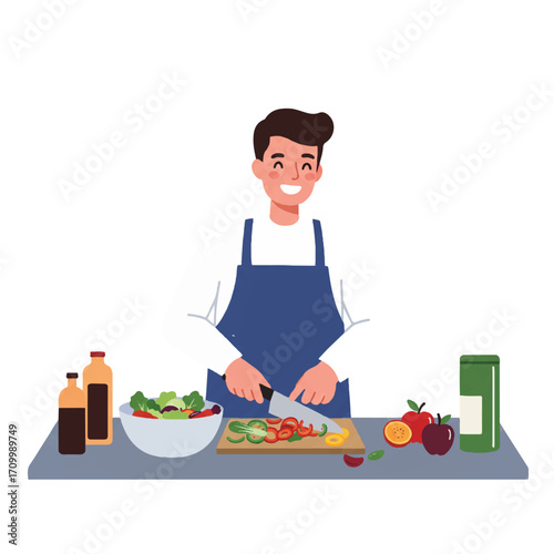A happy man joyfully chops colorful vegetables on a kitchen counter, with a fresh salad, fruits, and a cutting board, illustrated in a clean 2D flat vector style.