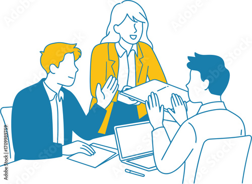 Team collaborating in modern office, discussing project with documents and laptop