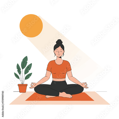 A serene woman meditates calmly in a lotus position on a yoga mat, bathed in a warm sunbeam with a potted plant nearby, captured in a clean flat 2D vector illustration style.