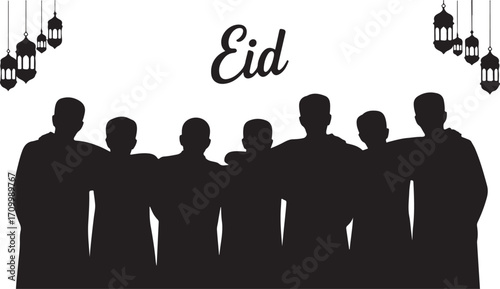 Black silhouette of men with arms around shoulders and Islamic lanterns with Eid text celebration group