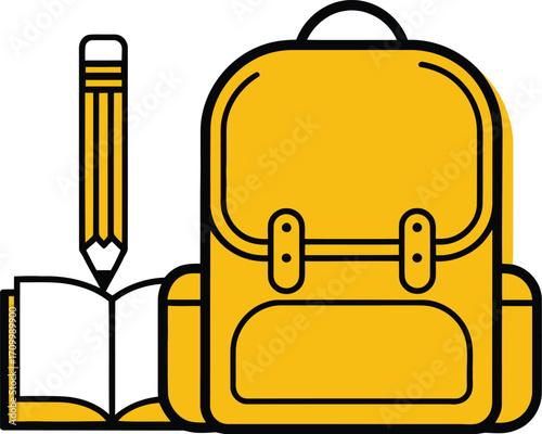 Bright yellow backpack with an open book and pencil, perfect for back-to-school promotions and educational themes.