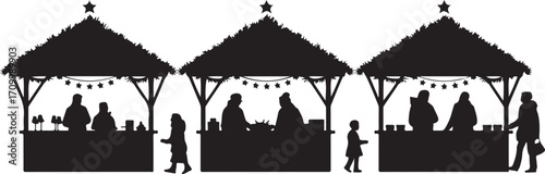 Black silhouette of three Christmas market stalls with people and stars black and white