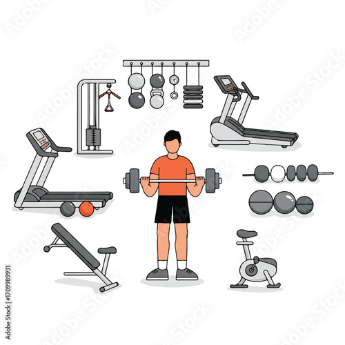 A 2D flat vector illustration depicts a person lifting weights in a modern gym filled with exercise equipment like treadmills and bikes, all on a clean white background.